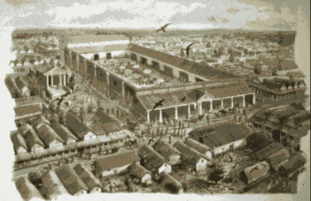 Painting of the Roman Forum of London from the air