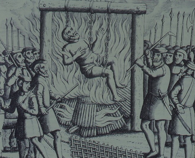 engraving of a smithfield burning in the Tudor period