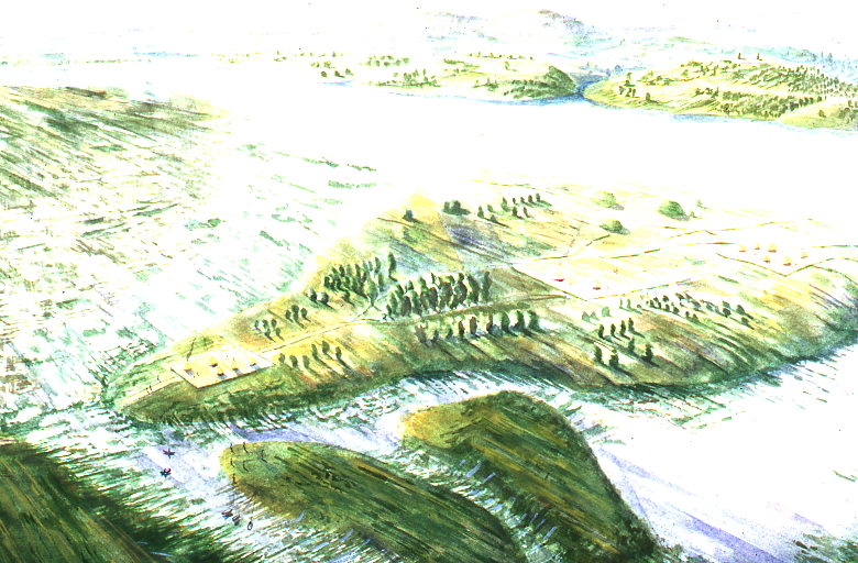 REconstruction painting of the Islands of Southwark and the hills of London before the foundation of Loninium