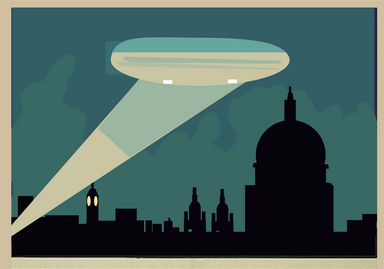 World War 1 Poster showing silhouette of London, searchlight beam and shadow of St Pauls
