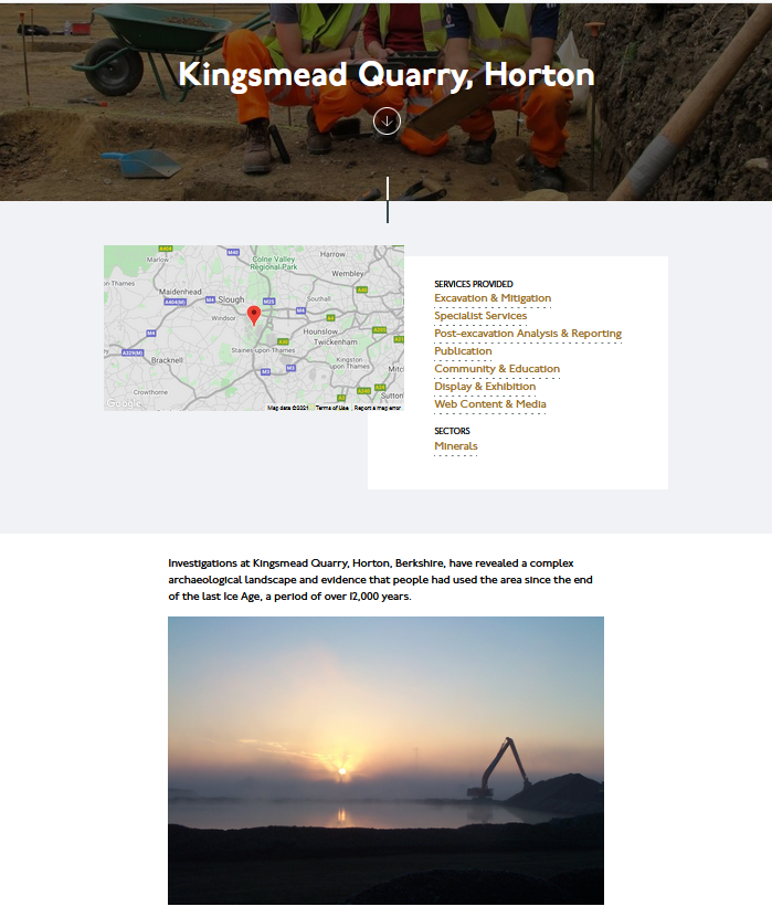 Screenshot of Wessex Archaeology's page on the excavations of Kingsmede Quarry, Horton.