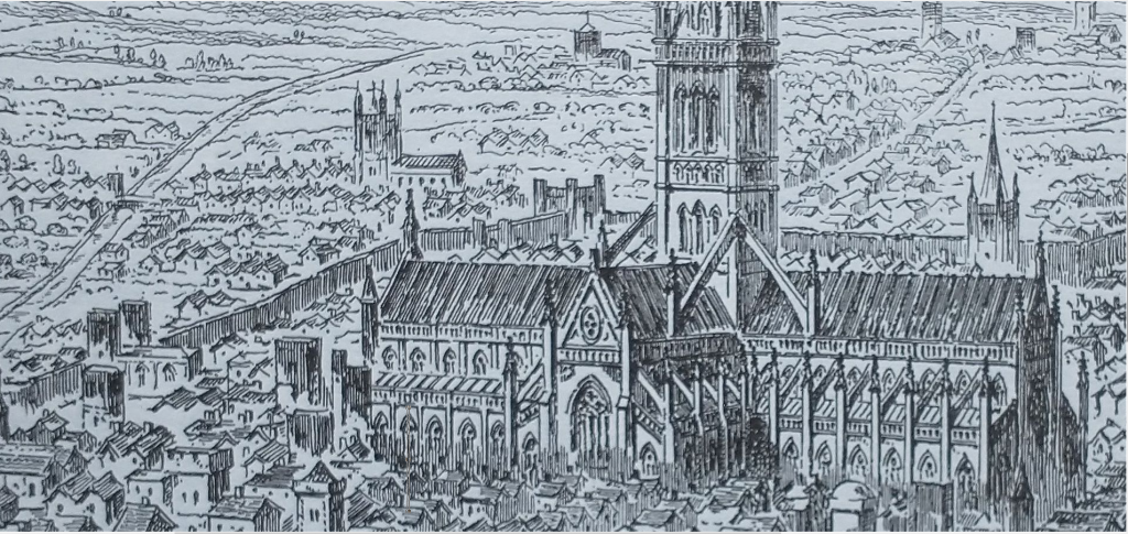 Old Print of London c1540 showing St Pauls, with St Martin's by the wall to the left of the photo