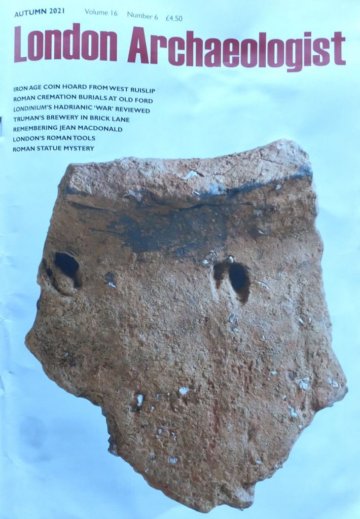 London Archaeologist cover showing one of the over 400 neolithic sherds found at Shoreditch.