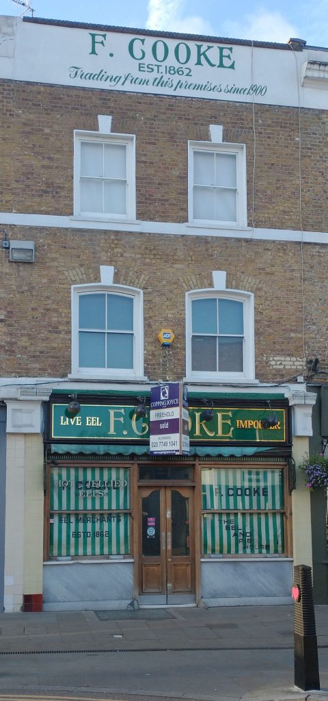 Sad loss of a East End Jellied Eels outlet (author's copyright)
photo of sold sign on Pie and Mashshop F Cooke in Broadway market