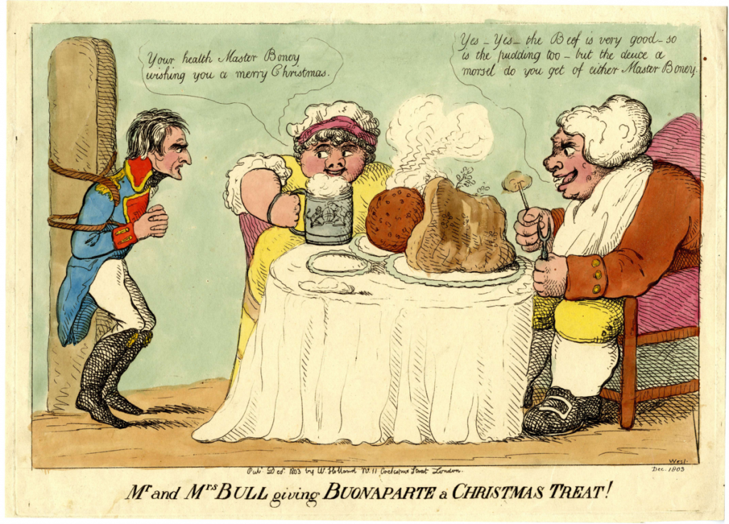1803 Christmas Cartoon of Napoleon and Mr and Mrs John Bull