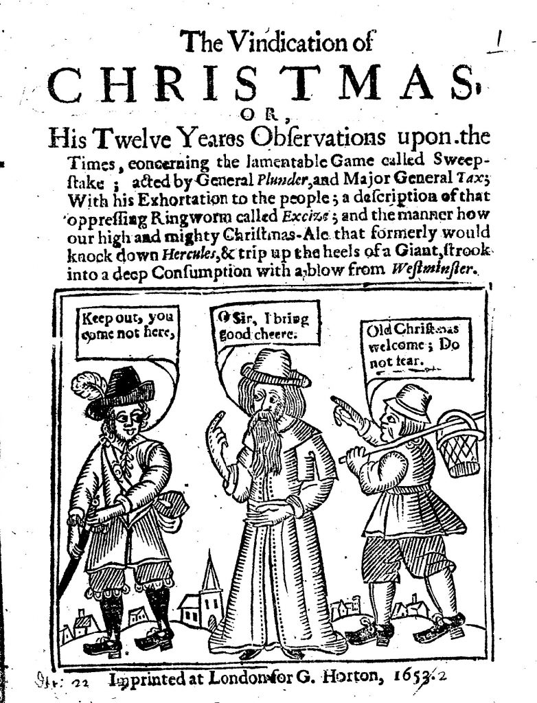 1653 Illustration of Old Christmas being rejected by the Puritan from London and welcome from the rustic from Dorset