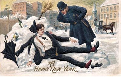 Happy new year card showing drunken wealthy young man slumped on the snow overlooked by a policeman
