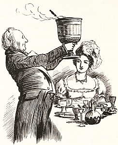 Wassail Bowl being brought in by a Servant into a dining hall on Christmas Day