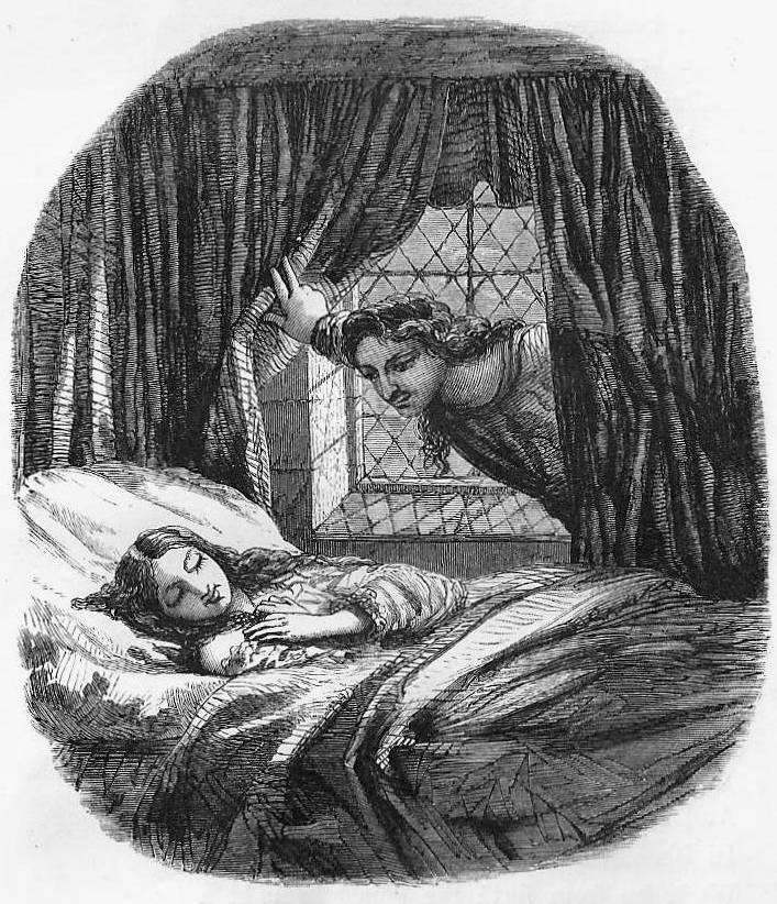 Porphyro looking at the sleeping Madeline by  Edward Henry Wehnert (1813-68)
Scanned image and text by Simon Cooke https://victorianweb.org/art/illustration/wehnert/8.htm