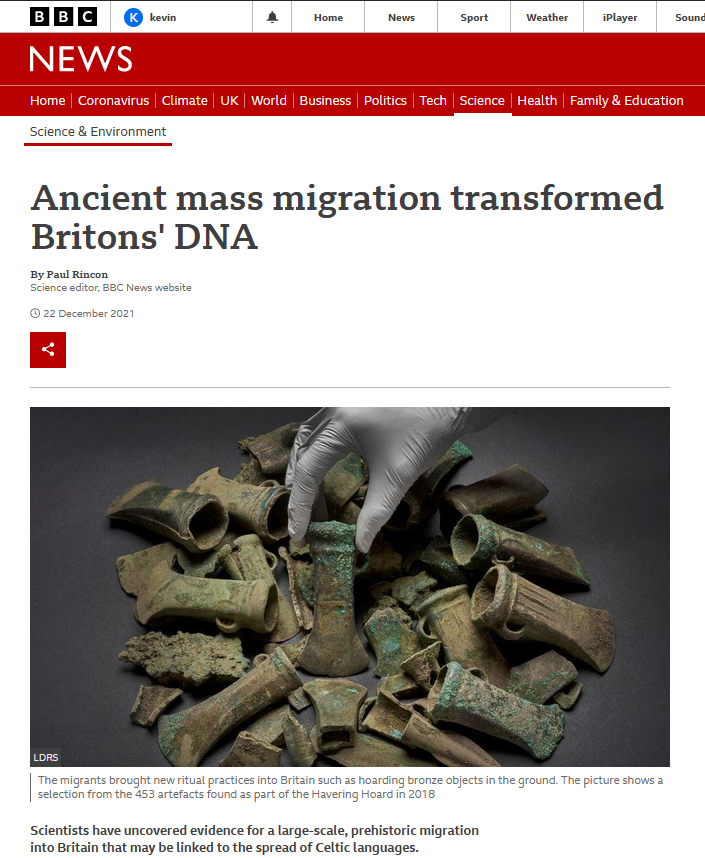 Screen shot of BBC web page announcing report of mass migration in the Bronze Age  discovered by DNA