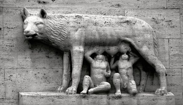 Romulus and remus suckling from a wolf