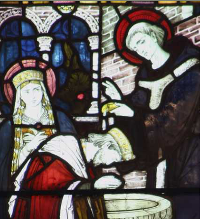 Stained glass window showing Baptism of King Ethelbert of Kent by St Augustine watched by Queen Bertha. In St Martins Church, Canterbury