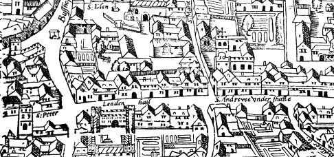 Image from the Agas Map of London
Civitas Londinum is a bird’s-eye view of London first printed from woodblocks in about 1561