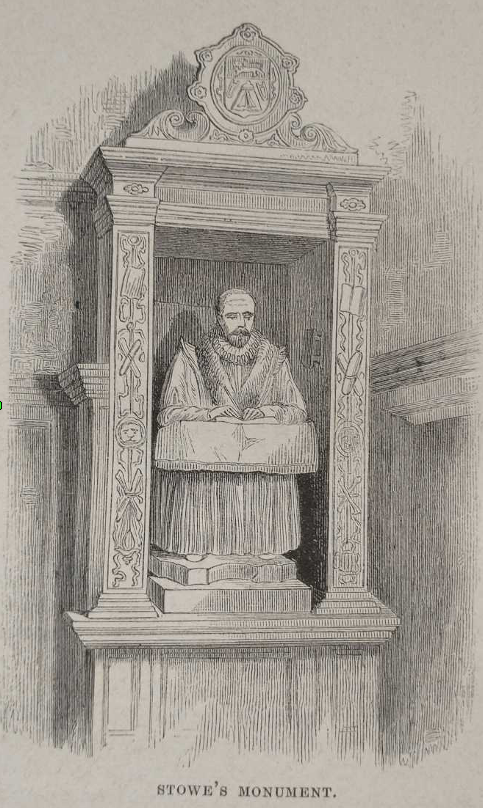 black and white illustration of John Stow memorial in St Andrew's Church