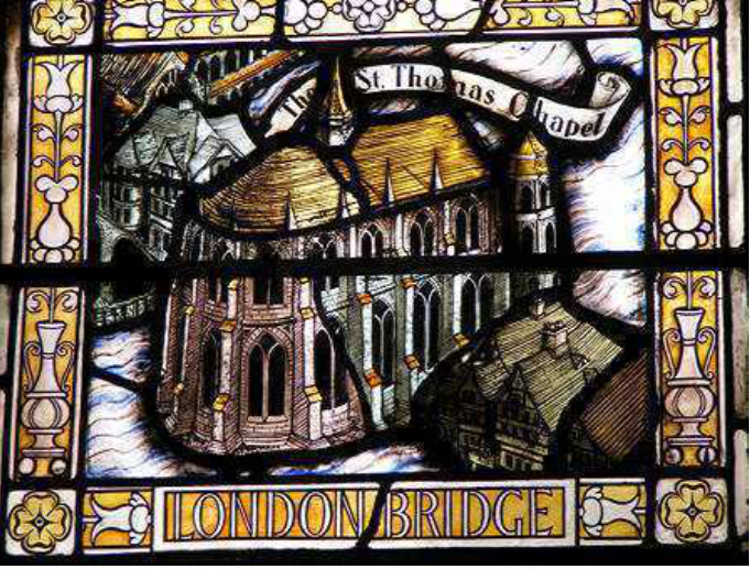 Stained Glass window showing St Thomas's Chapel on London Bridge (Window is in St Magnus the Martyr's Church on the site of the approach to London Bridge