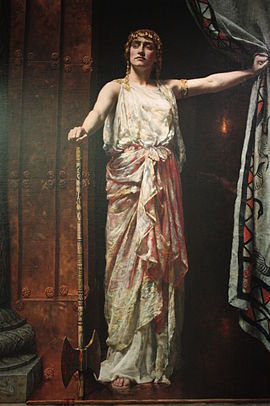 painting of Clytemnestra after she has slaughtered her husband Agamemnon _by_John_Collier,_1882 (Wikipedia Guildhall Museum)