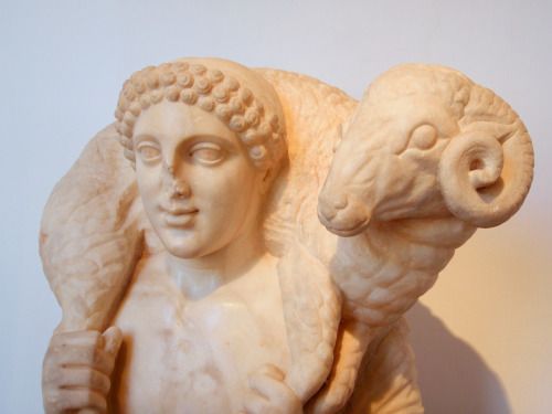 Hermes the ram-bearer near Roman 1st BCE copy of 5th Greek statue 
