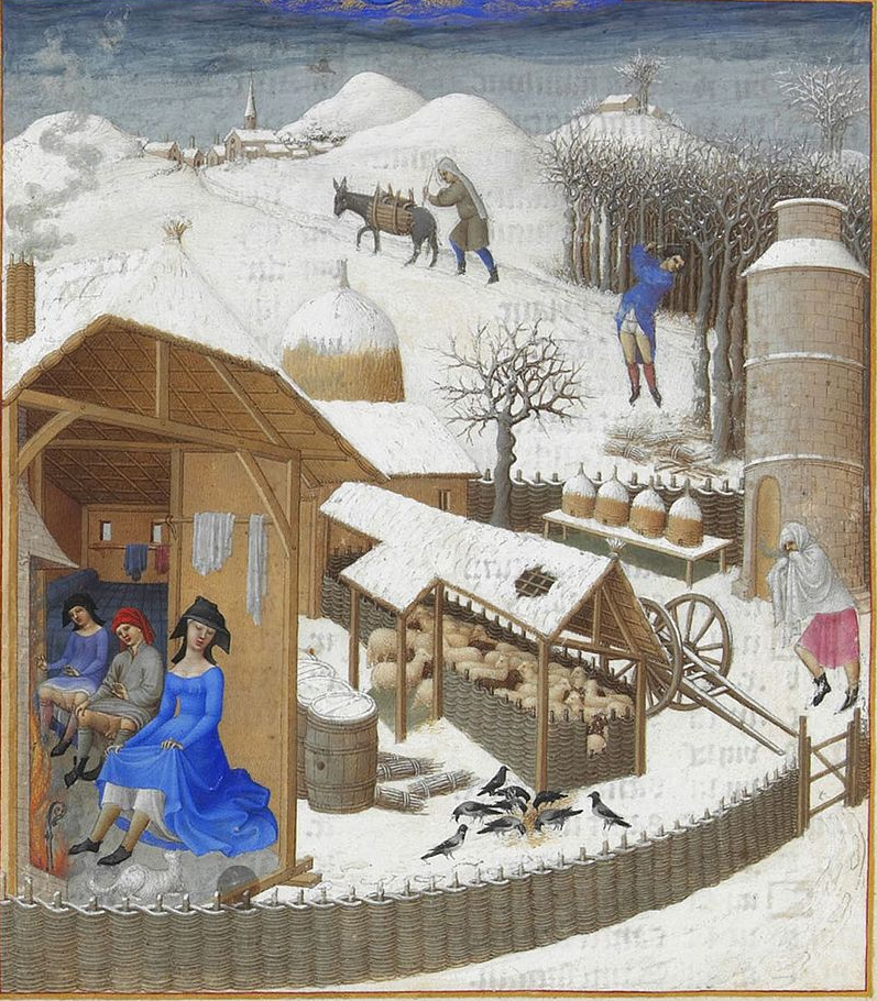 Les_Très Riches Heures du Duc de Berry February (Detail)  The people inside are warming their legs and their hands in front of a roaring fire.