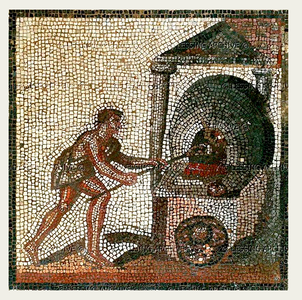 Mosaic of a man taking a loaf of bread out of a bread oven