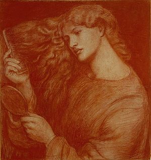 Lilith is shown coming her hair and looking in a mirror
Study for Lady Lilith, by Rossetti. 1866, in red chalk. Now in the Tel Aviv Museum of Art (Wikipedia