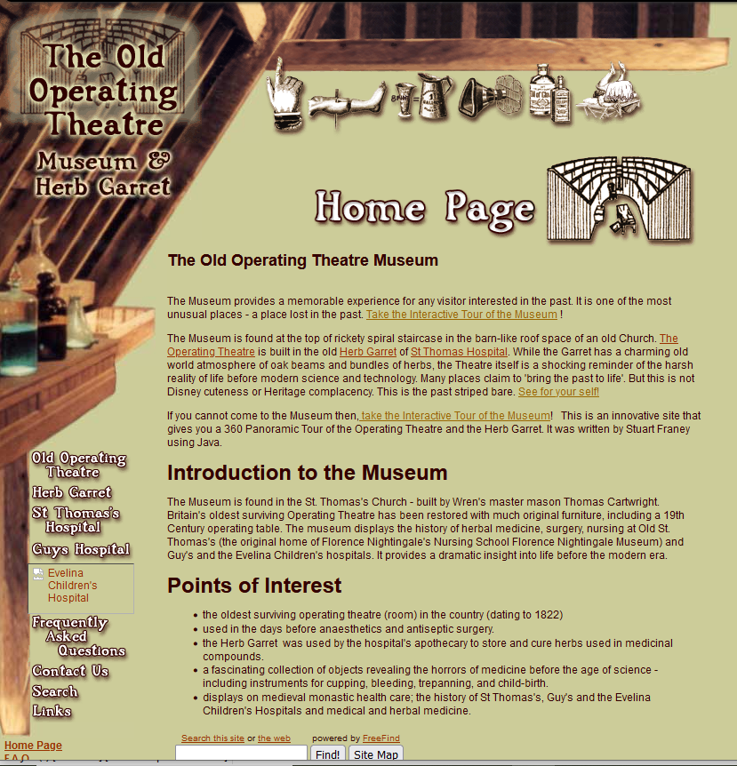 Early web site of The Old Operating Theatre Museum - www.thegarret.org.uk in 2000, retrieved from the Wayback Machine