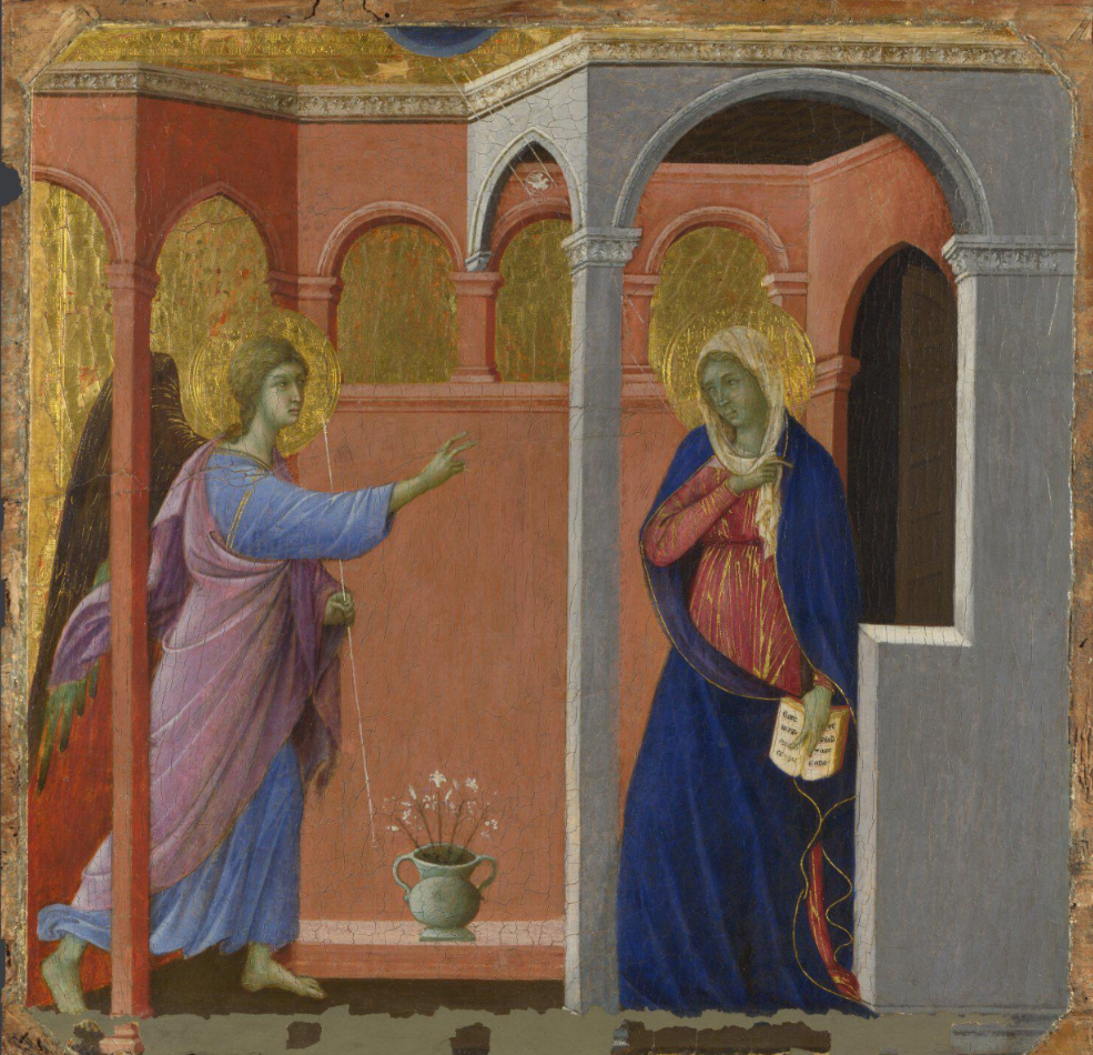 Duccio's painting of the Archangel Gabriel bringing the news to Mary that she is to be the Mother of the Son of God.