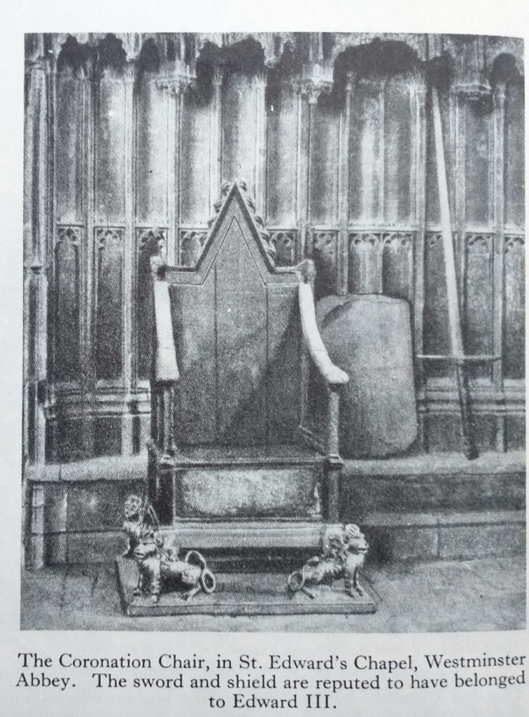 Coronation Chair, with Stone of Scone under the seat.
black and white photo
