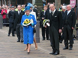 Queen Elizabeth II and Prince Philip Wakefield Cathedral after the 2005 Royal Maundy Ceremony.  Photo Runner1928  