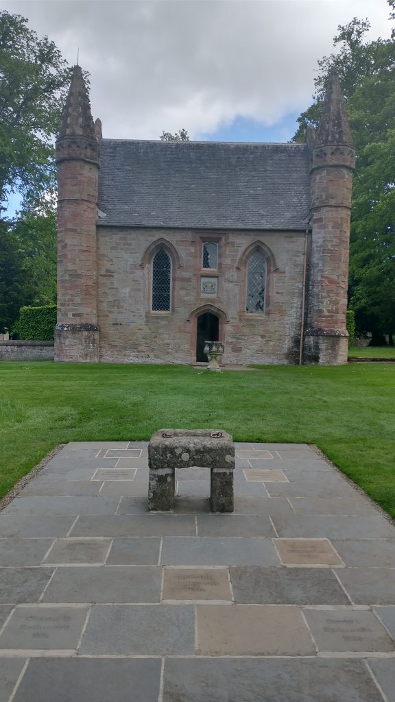 Photo of a replica of the Stone of Destiny at Scone Abbey. This is where Scottish Kings were crowned.  The chapel is built near to Scone Palace, and on a mound of earth which was said to be made up of the dust from the shoes, and trousers of those attending coronations from all over Scotland