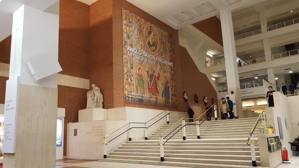 British Library with Poster for Anglo-Saxons Kingdoms Exhibition, Photo K Flude