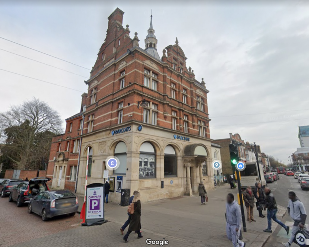 Google Street View image of the Enfield Barclays Bank (screenprinted 15/07/23)