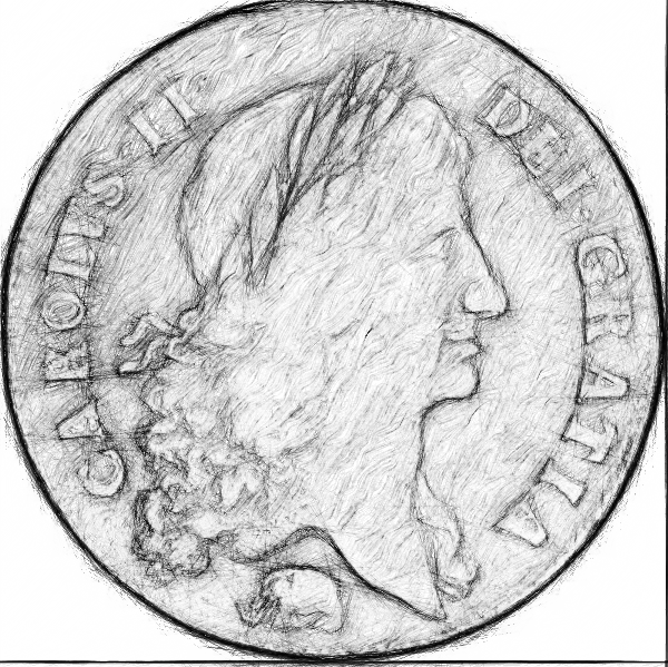 Sketch of a two guinea coin from the reign of Charles II showing an elephant below the image of the King, referencing Africa and the use of an elephant on the Royal Africa Company of which Charles was the patron
