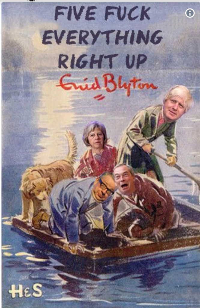 Satirical Ladybird Book Front Cover  showing Johnson, Farage, May and Gove up a Creek with an inadequate  paddle