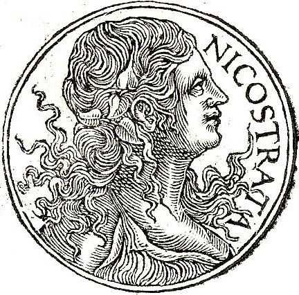 Carmenta or Nicostrata, black and white medallion of the Goddess of Childbirth
