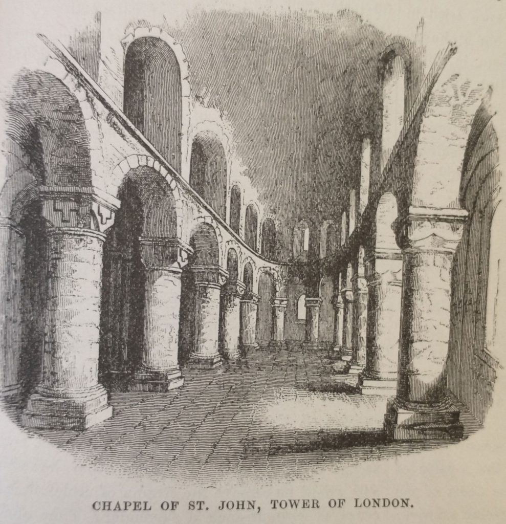 Black and white engraving of Chapel of St Johns Tower of London