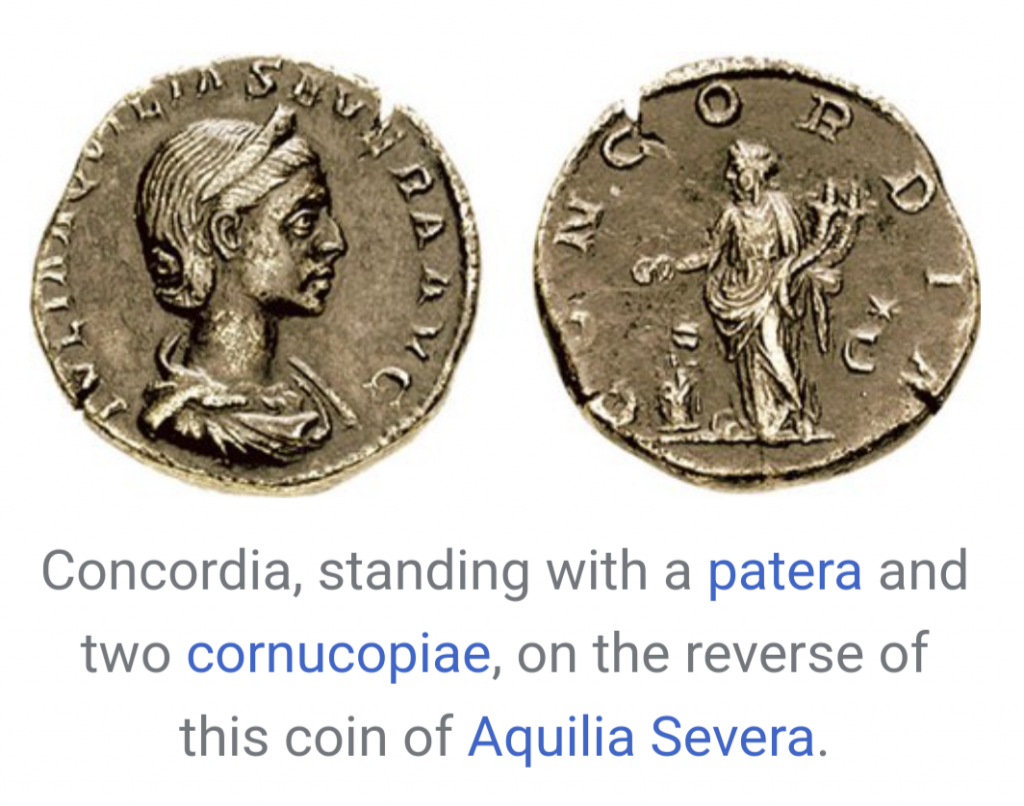 Roman coin, showing both sides, of the Goddess Concordia