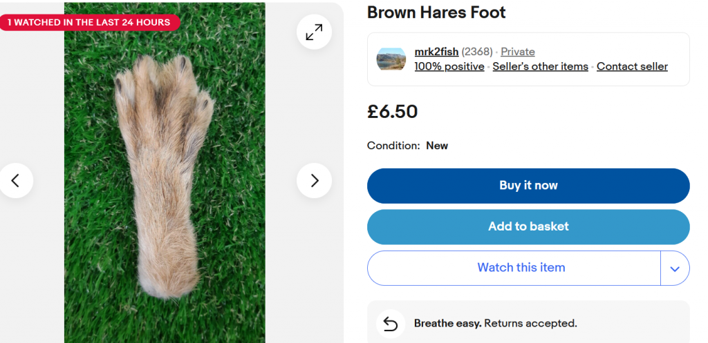 Advert for a hare's foot from ebay
