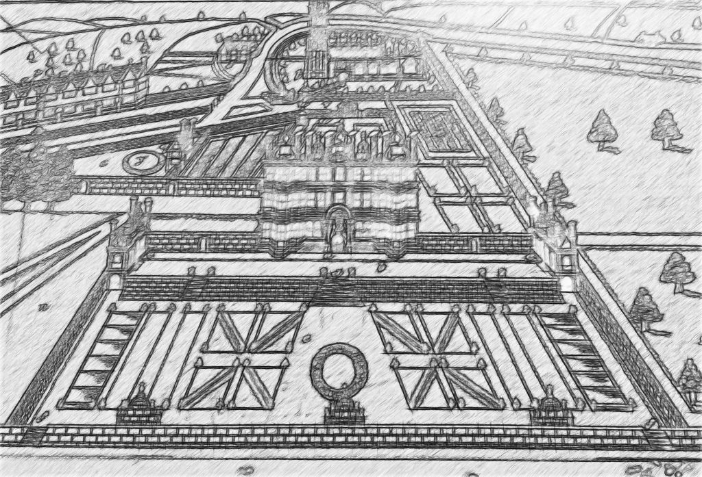 Sketch from a display of Campden House, Chippping Campden.  St James Church at the back, House in the Centre, Banqueting Houses in front of, and other side of the house. (A Banqueting House was originally where you had your pudding.)