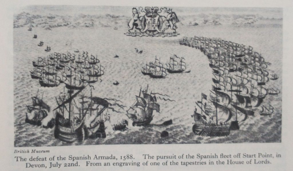 The defeat of the Spanish Armada 1588 showing July22nd Start Point Devon with English ships pursuing the Spanish