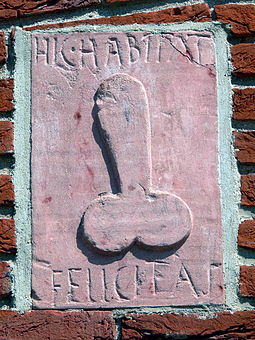 Copy of plaque found Pompeii outside of a bakery, fellicitas dwells her