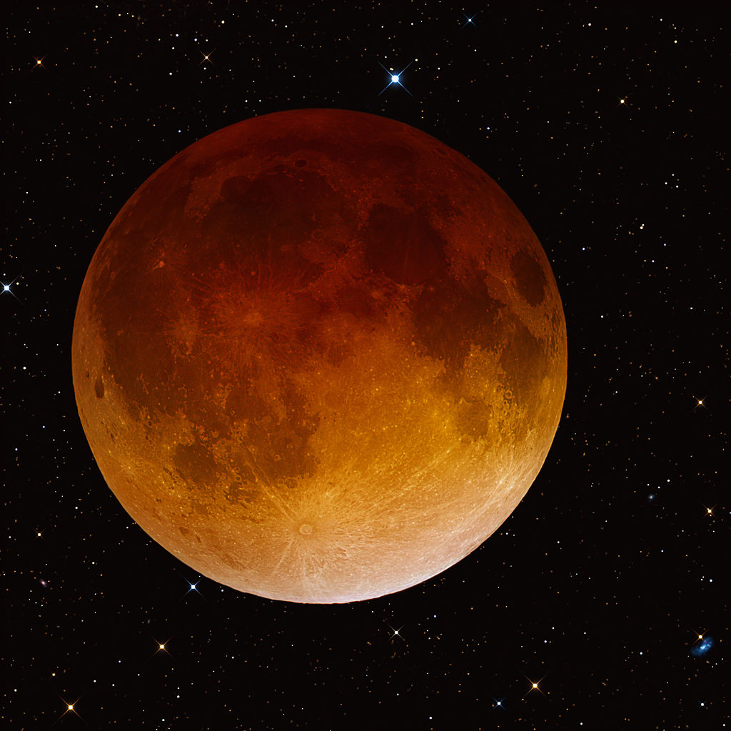 Robert Jay GaBany - http://www.cosmotography.com/images/small_lunar_eclipse_04-15-2014.html
The total lunar eclipse took place on April 15, 2014. This 4 panel mosaic composite image was produced with an Officina Stellare PRO RC500 half meter telescope, an Apogee Alta U16M camera and Astrodon E-Series filters.